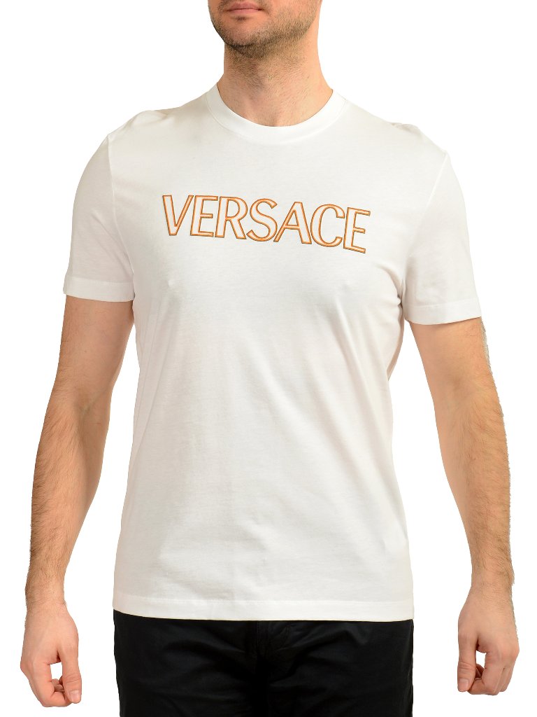 Versace Men's White Logo Embroidered Crewneck Short Sleeve T-Shirt Us Xs It 46